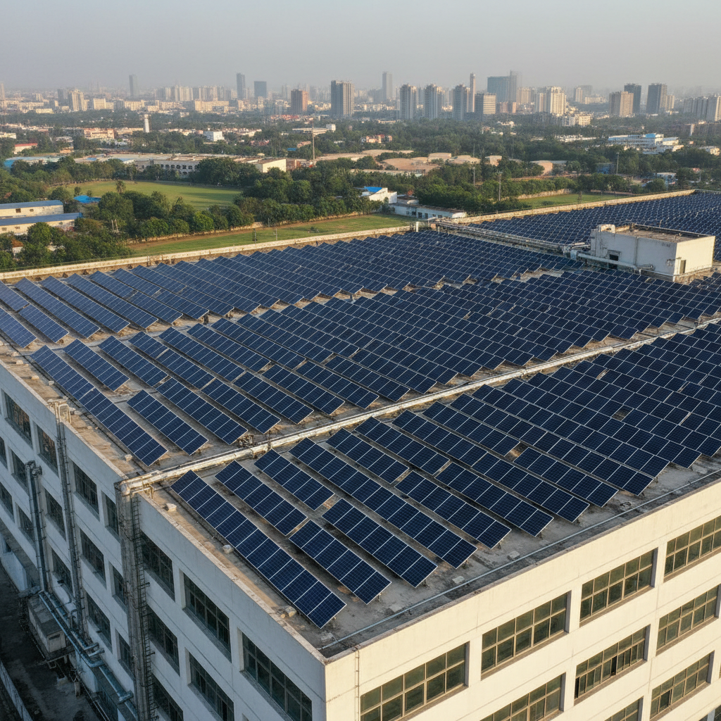 A wide aerial photographic view of a large industrial rooftop in India covered with blue crystalline solar panels, each panel neatly aligned on sturdy aluminum frames. The building sits in a mixed urban-industrial landscape with distant hazy city structures and a few green patches. Late afternoon sunlight casts clean, geometric shadows between the rows, highlighting the precision of the layout. The mood is professional and ambitious, suggesting large-scale solar adoption. Captured with sharp focus and high clarity, the composition uses a slightly elevated angle and rule-of-thirds framing to balance panels in the foreground with the wider skyline, conveying the scale and feasibility of commercial solar projects.