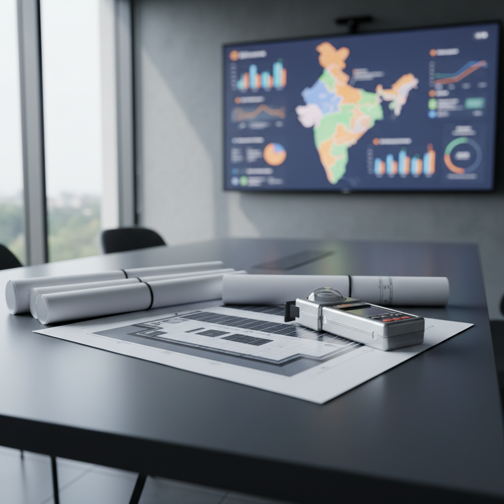A sleek, dark-grey architectural table in a modern consulting office, covered with rolled solar plant blueprints, a detailed rooftop layout printed on matte paper, and a rugged metallic digital irradiance meter. A large wall-mounted screen in the background displays a colorful solar performance dashboard with charts and a simplified India map, blurred for subtlety. Soft, diffused daylight enters from a nearby window, creating gentle reflections on the table’s surface and highlighting the crisp lines of the drawings. Shot at eye level with shallow depth of field, the mood is analytical and trustworthy, emphasizing professional planning and feasibility studies in a clean, contemporary, photographic realism style.