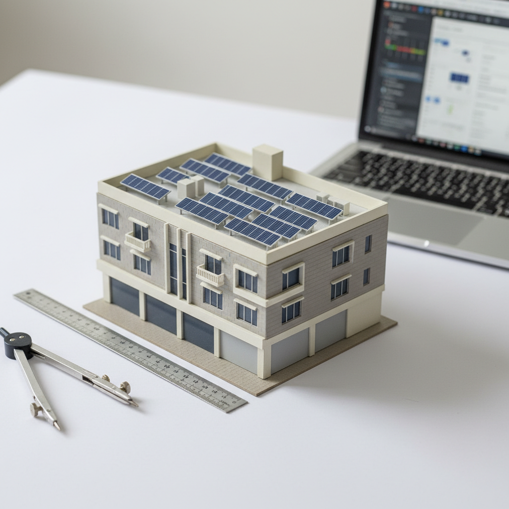 A close-up photographic view of a small scale model of an Indian commercial building, its rooftop fitted with miniature blue solar arrays mounted on silver-toned rails, surrounded by tiny representations of HVAC units and parapet walls. The model rests on a smooth white drafting table alongside a metallic compass, precision ruler, and an open laptop showing a blurred solar design interface. Bright, indirect studio lighting creates balanced illumination with soft shadows, emphasizing the textures of plastic, metal, and paper. Captured from a slightly low angle with a medium depth of field, the composition feels meticulous and design-focused, conveying the technical detail and care involved in professional solar system design.