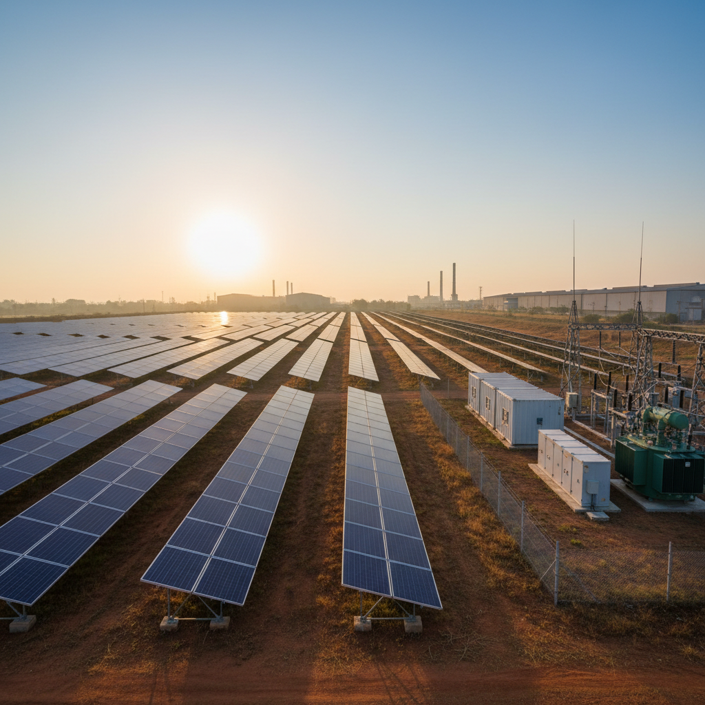 An expansive ground-mounted solar farm on the outskirts of an Indian industrial area, with multiple long rows of dark-blue photovoltaic panels stretching into the distance on sturdy steel structures anchored in reddish-brown soil. In the midground, a neat, container-style inverter station and a small fenced-off transformer yard add engineering context. The sky is clear with a soft, warm early-morning light that creates crisp reflections on the glass surfaces and elongated shadows between the rows. Shot from a low, wide-angle perspective, the composition emphasizes depth and scale, evoking reliability, order, and long-term project management in a realistic, professional photographic style.